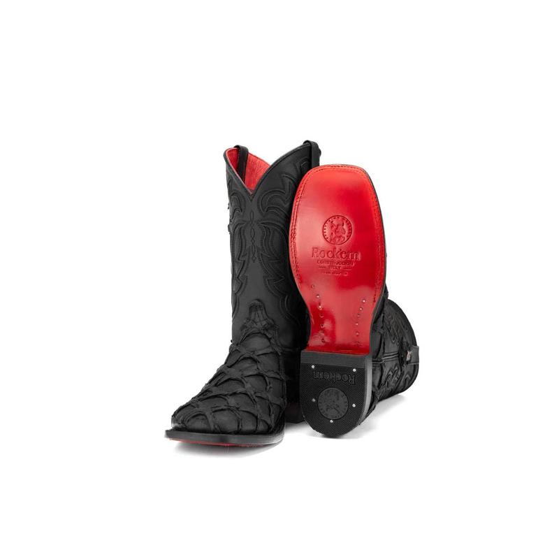 Bruce Shelby Pirarucu Red Bottom Square Toe Cowboy Boot - Matte Black