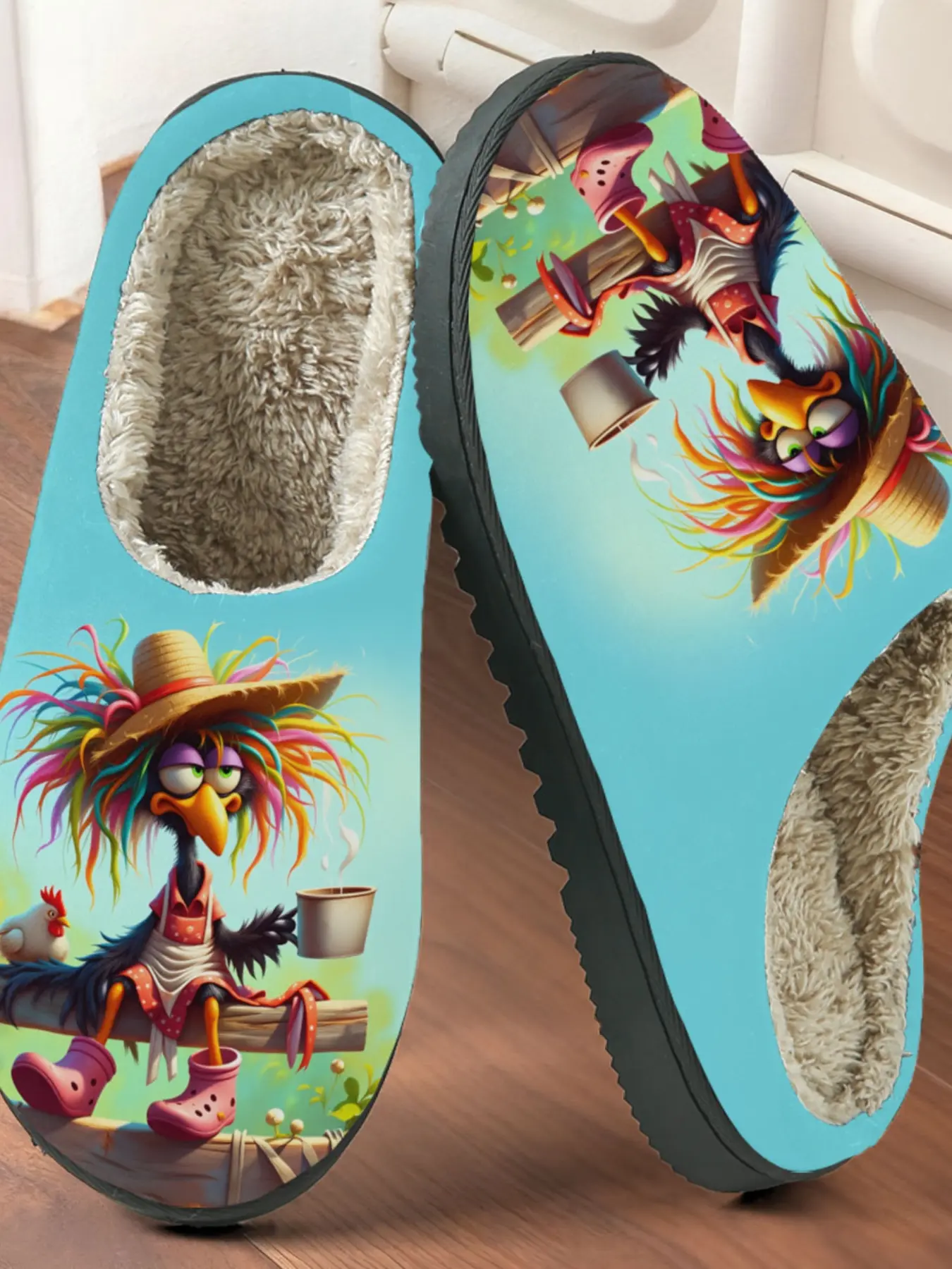 Funny Colorful Feather Bird Cotton Slippers, Cartoon Animal Print, Anti-Slip Thick Sole, Warm Home Shoes for Fall & Winter