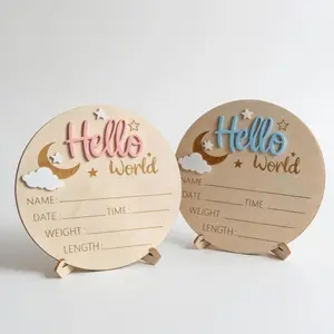 1PC Hello World Newborn Birth Announcement Board Wooden Baby Name Sign Baby Photo Prop Keepsake Plaque Unisex Baby Shower Gift Nursery Decoration