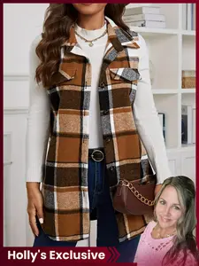 【Holly's Exclusive】Women's Spring & Fall Fashion Plaid Print Button Front Vest Jacket, Long Fitted Sleeveless Design with Pockets, Casual Style, Casual Comfy Vest, Casual Sleeveless Outerwear
