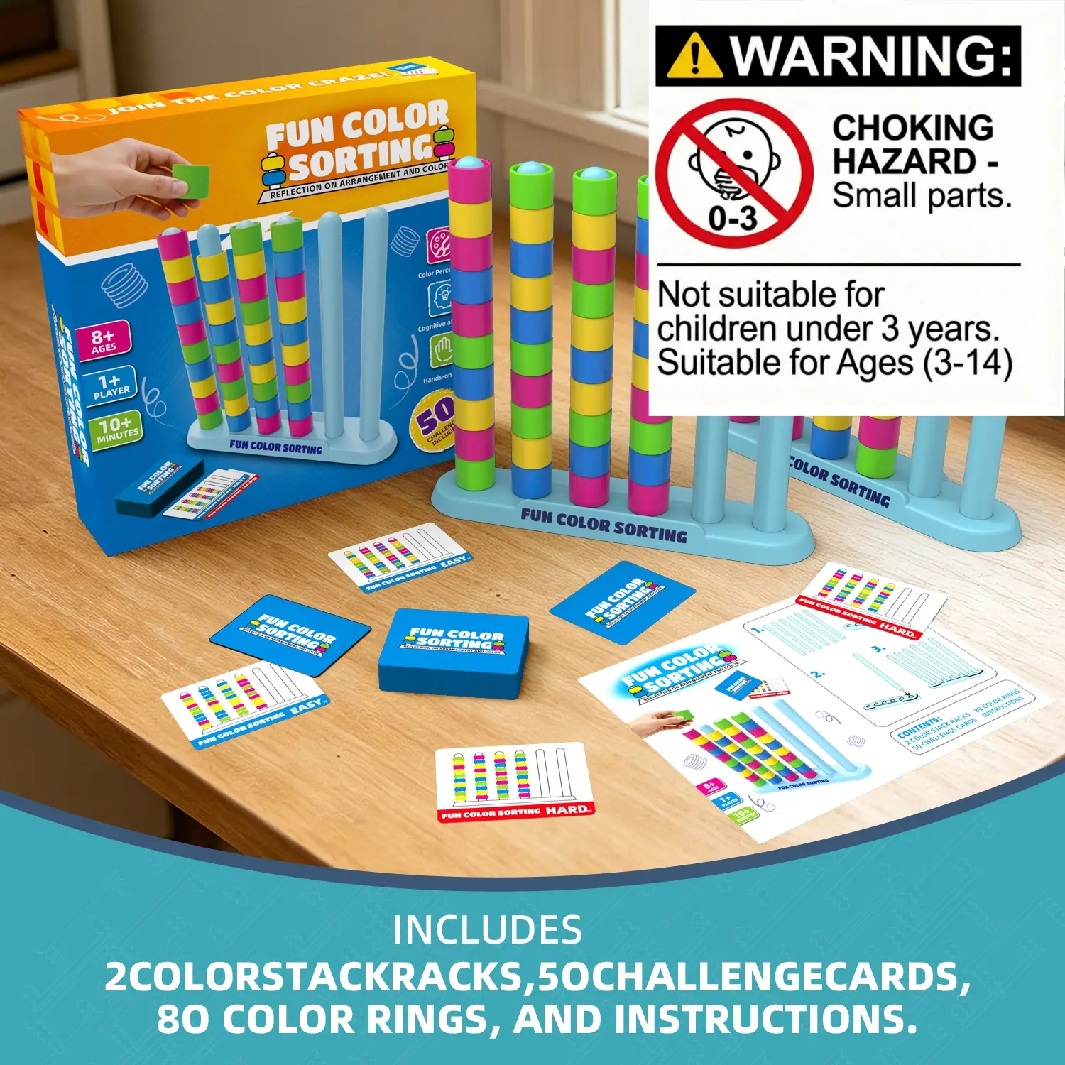 Color Stack Challenge Game, Tower Stack Game, STEM Color Sorting Stacking Puzzle Toy for Kids Ages 3-8, with 2 Stacking Trays, 50 Double-Sided Challenge Cards& 80 Rings, Educational Brain Teaser, Indoor Outdoor Party Play Gift for Kids