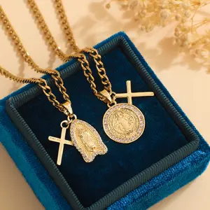 2pcs/Set Of Virgen Mary & Jesus Cross Necklace Set San Judas Tadeo Pendant Jewelry Gifts for Thanksgiving/Christmas/New Year