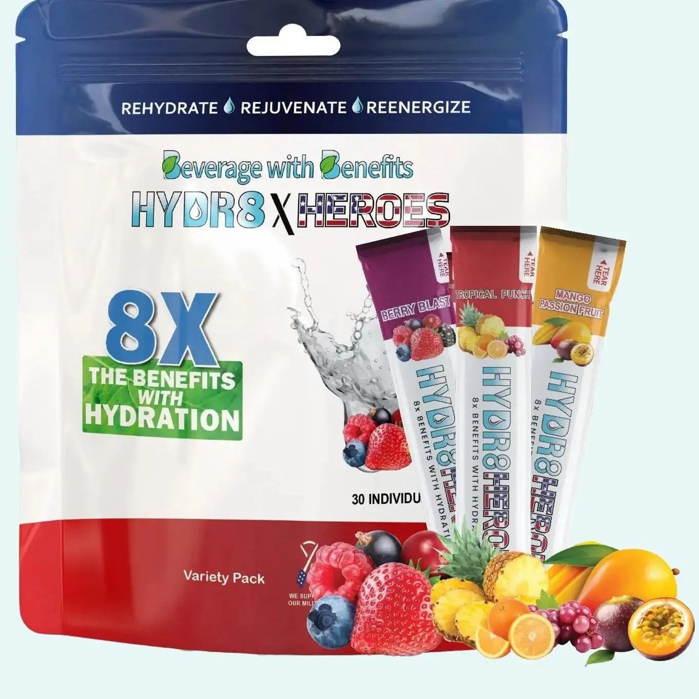 Hydrate Heroes® Hydration Powder Stick Variety Pack - 12 Count with Tropical Punch Berry Blast Mango Passion Fruit - Elderberry Zinc Vitamin D - Perfect for Summer Hydration Workouts Poolside Gatherings