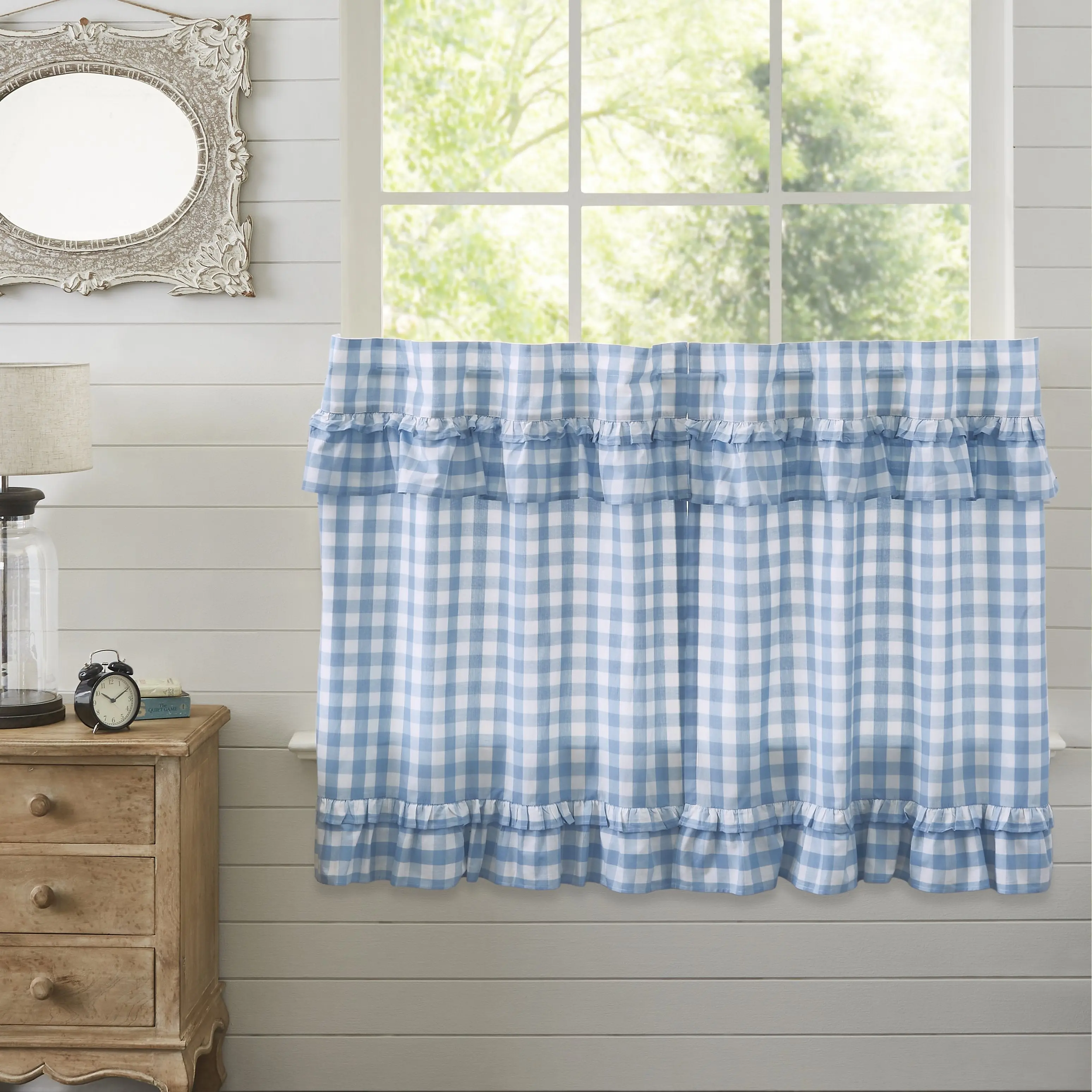 Dusk Buffalo Blue Check Ruffled Tier Curtains