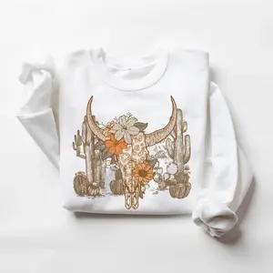 Boho Cow Skull & Cactus Sweatshirt – Floral Western Desert Pullover – Country Girl Aesthetic Crewneck