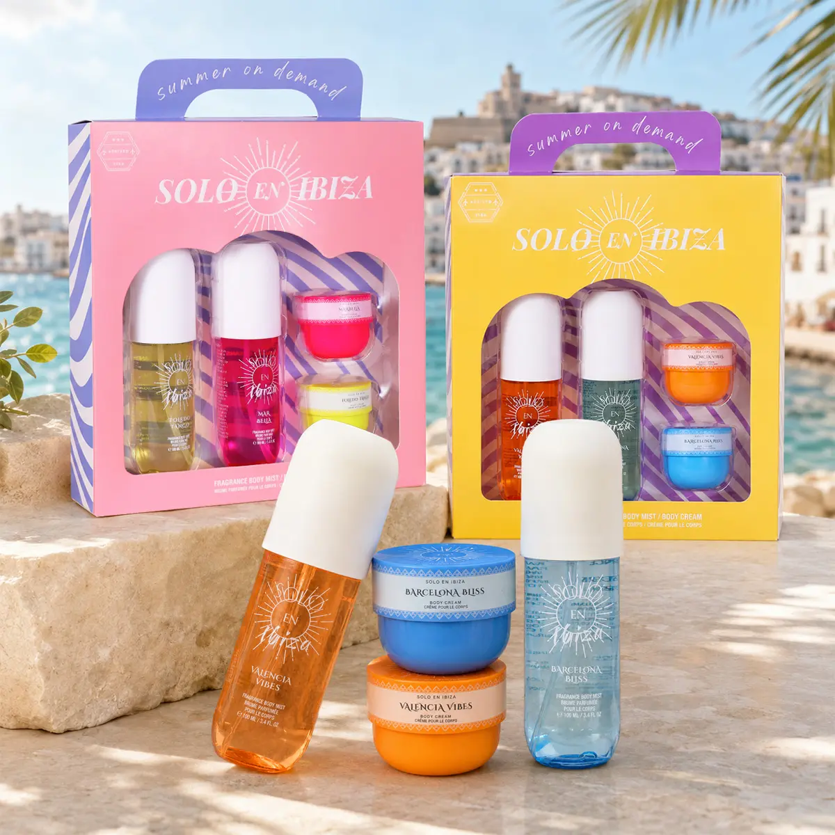 SOLO EN IBIZA Signature Scent 4-Piece Fragrance Layering Gift Set, 2 Fragrance Mists & 2 Body Creams, Hydrating Body Care Set, Fruity Floral Gourmand & Tropical Vanilla Scents
