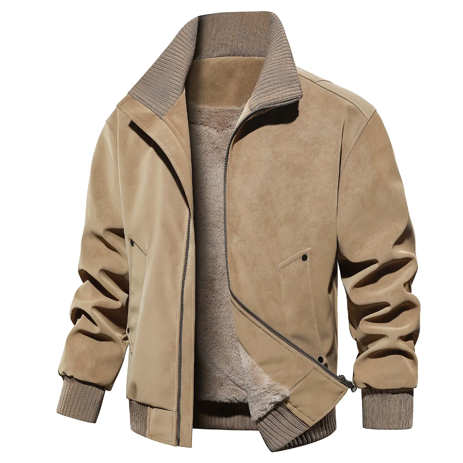 Men's Fleece Lined Bomber Jacket, Full Zip Long Sleeve Casual Outerwear with Ribbed Collar, Cuffs and Multiple Pockets for Fall Winter Wear