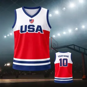 USA V Neck Basketball Tank Top, Breathable Mesh All Over Print Sleeveless Jersey, Custom Name Number, Adult S-5XL