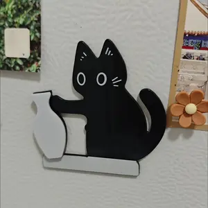 Cute Kitten Pushing Bottle Acrylic Magnetic Fridge Magnet, Sticks on Fridge or Stands Upright, Ideal for Cat Whiskers or Flowers, Gift for Cat Lovers, Refrigerator Magnet