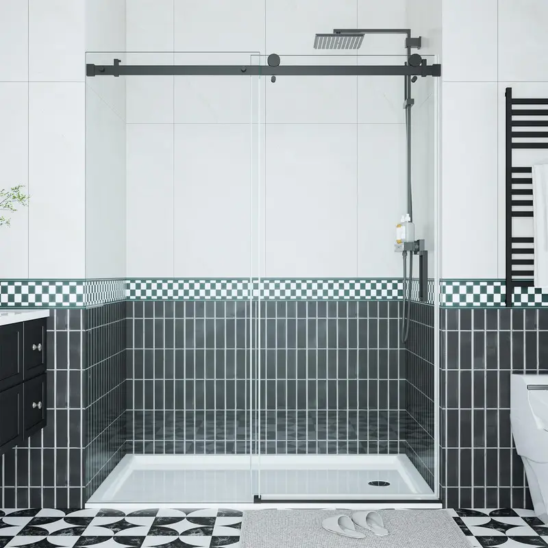 Matte Black Adjustable Bathroom Frameless Sliding Door - 44-48" W × 76" H, 5/16" (8mm) Easy-Clean Tempered Glass, Waterproof Leak-Proof Design with Stainless Steel Handle and Seal Strip, Adjustable Door