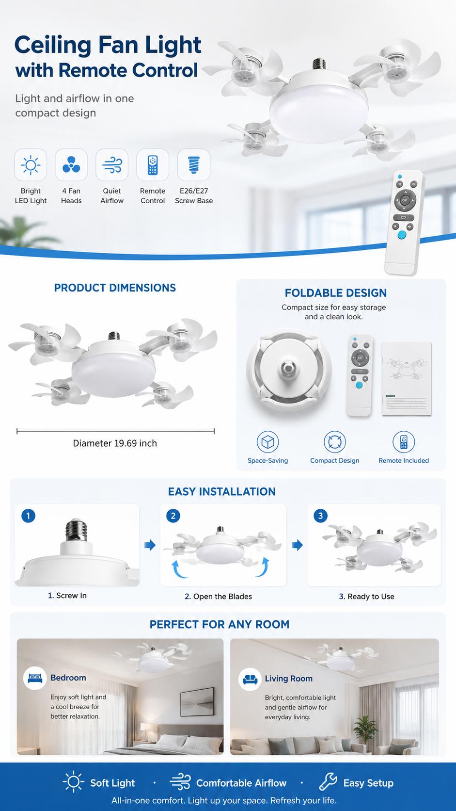Ceiling Fan Light with Remote Control, 19.69 Inch Screw inLED Fan Light, E26/E27 Base Foldable Ceiling Fan with 4Fan Heads, Quiet Airflow & Bright Lighting, EasyInstallation for Bedroom, Living Room, Kitchen, Office,Dorm, Small Room Use