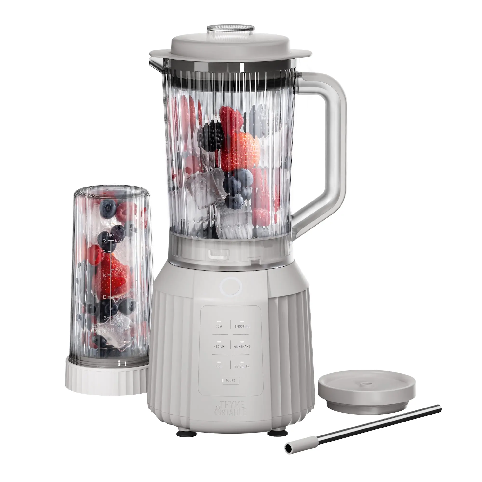 Thyme & Table Countertop Blender Duo, 1100W, 57oz Tritan Pitcher, 6-Point Stainless Steel Blade, 25oz To-Go Cup with Smart Seal Lid and Straw, Sand White
