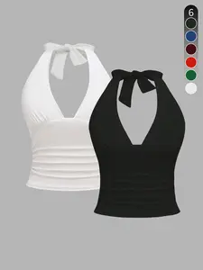 Women's Solid Color Tie Shoulder Crop Cami Top, Casual Fashion Sleeveless Top for Summer, Ladies Clothes for Daily Wear