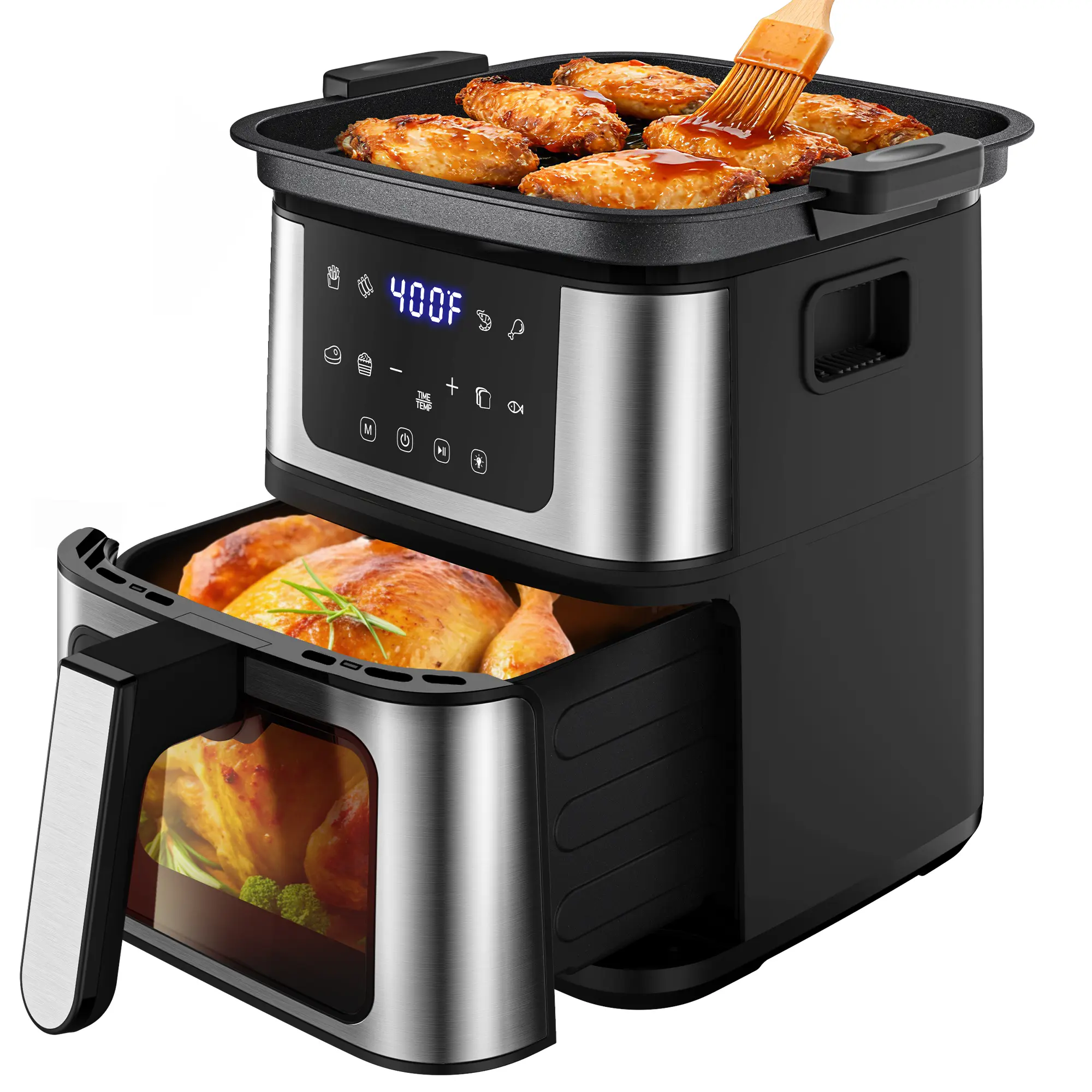 7.5QT XL 2-in-1 Air Fryer with Flip-Over Grill Plate, Viewing Window, 8 Cooking Presets, 95% Less Oil, Dishwasher Safe Basket & 100 Liners – Black