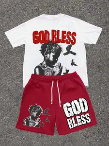 Men's streetwear two-piece set, featuring silk screen printed clothing with "God bless" and prayer children's patterns, loose T-shirt and drawstring shorts, ideal for holidays, streetwear, and summer, durable and bold prints for trendsetters
