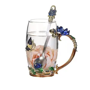 2 Piece Set Chinese Rose Cups, Rustic Style with Handle, Zinc Alloy Floral Design, Heat Resistant Glass Cup, Women's Coffee Cup, Home Drinking Cup, Coffee Cups Sets
