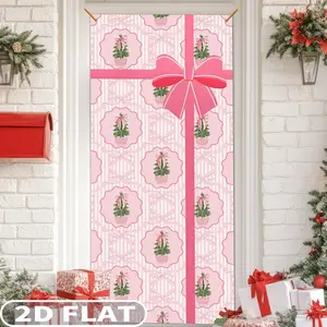 1pc Pink Christmas 2D FLAT Door Party Banner, Door Cover Decoration, Christmas Tree Gift Box Bowknot Front Door Covers Banners, Photography Background Decor for Indoor Outdoor Xmas Party Decoration