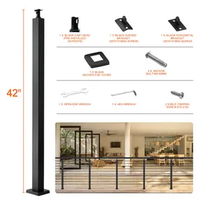 VEVOR Cable Railing Post, 42" x 2" x 2" Steel Level Deck Railing Post Without Holes, SUS304 Stainless Steel Cable Rail Post, Stair Handrail Post with Horizontal and Curved Bracket, 1-Pack, Black