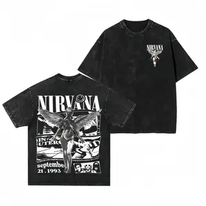 Women's Vintage Nirvana Band Tour Classic Round Neck Short-Sleeve Tee, Oversized Washed Soft Heavyweight Cotton Retro Double-Sided Graphic Casual Rock Unisex Streetwear Top for Music Lovers
