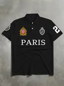 Men's New Short Sleeve Polo Shirt, Paris Letter Print, Outdoor Sports, Casual Daily Wear, Shopping Travel Home Leisure