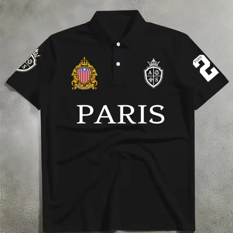 Men's New Short Sleeve Breathable Polo Shirt, Paris Letter Print, Outdoor Sports, Casual Daily Wear, Shopping Travel Home Leisure