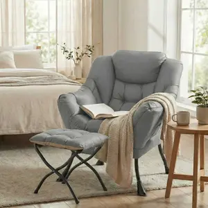 Arlopu Lazy Chair with Foldable Ottoman, Modern Comfy Lounge Chair, Large Sofa Armchair with Footrest and a Side Pocket, Leisure Reading Chair with Footstool for Bedroom, Living Room, Dorm