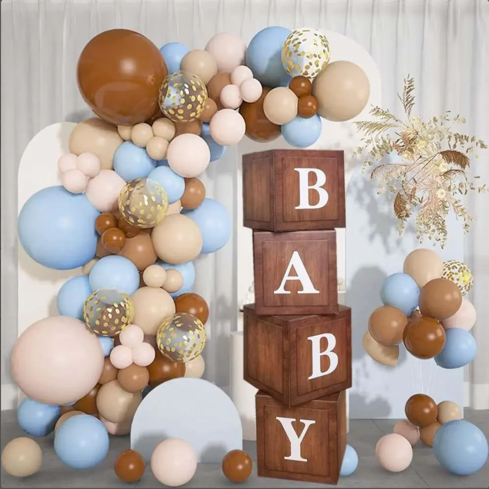 Vintage Baby Shower Party Supplies Pack - 4 Wood Grain Brown Baby Letter Blocks, Quick Setup Letters, Boxes, Balloon & Photo Backdrop Compatible First Birthday Centerpiece Decor, 4 Blocks