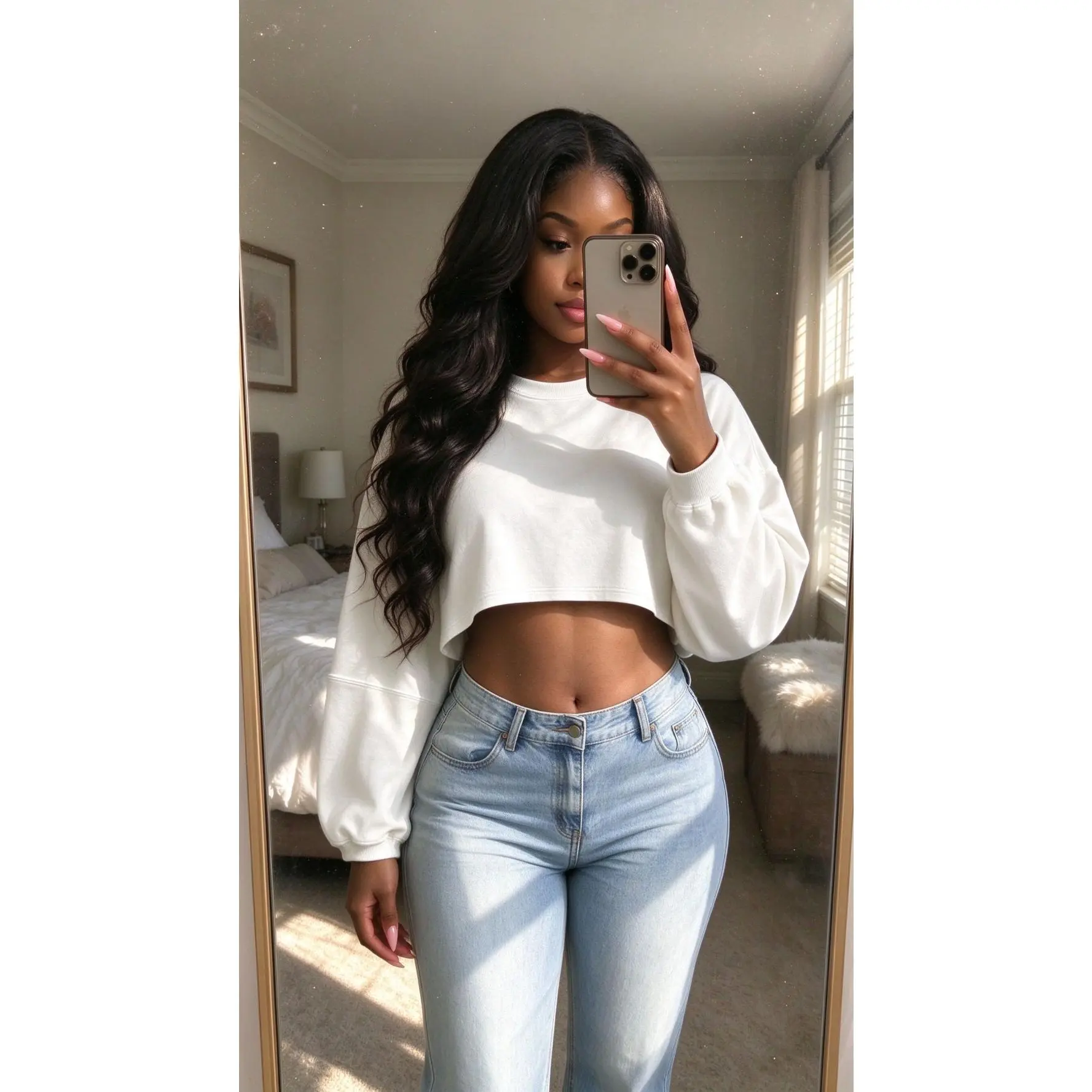 Women’s Y2K Cropped Sweatshirt Long Sleeve Loose Fit Crewneck Pullover Cute Casual Tops