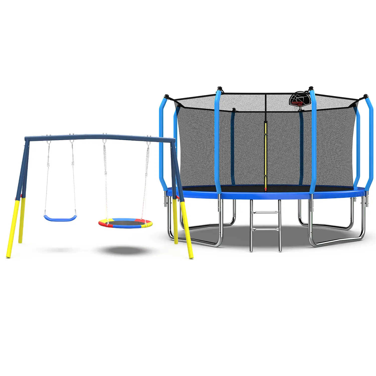 Mersco 12-Foot Backyard Trampoline with Enclosure Net, Swing Set, Basketball Hoop, 1320 LBS Load-Bearing, Sturdy Frame, Blue, Kids Outdoor Play, Trampoline Outdoor