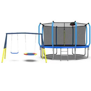 Mersco 12-Foot Backyard Trampoline with Enclosure Net, Swing Set, Basketball Hoop, 1320 LBS Load-Bearing, Sturdy Frame, Blue