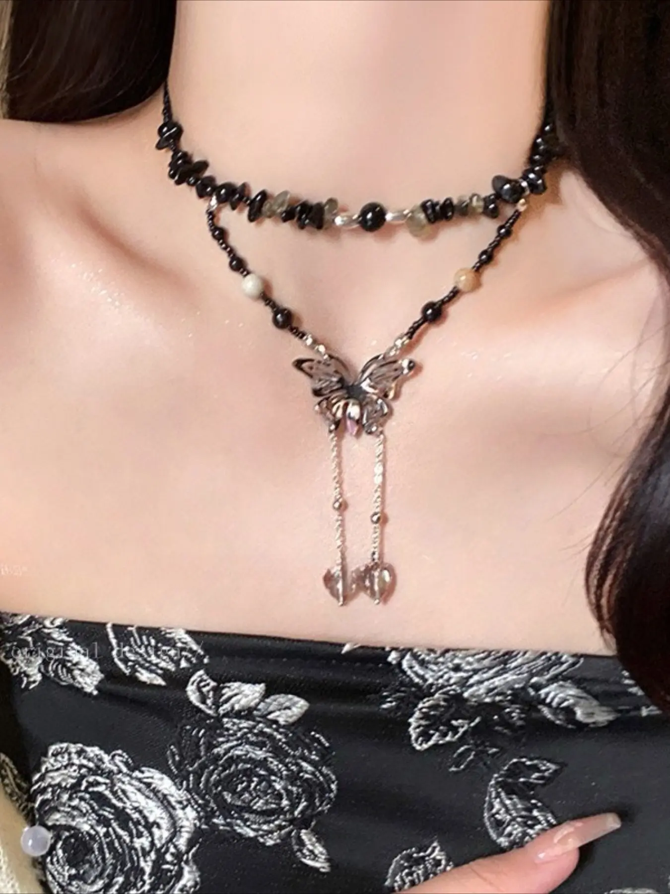Vintage Elegant Boho Punk Y2K Black Stone Beaded Necklace Black Butterfly Pendant Necklace for Woman Daily Vacation Music Festival Party Halloween Christmas Day