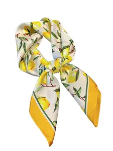 Lemon Print Square Scarf, Floral Print Scarf, Boho Floral Scarves, Fashionable Soft Satin Scarf for Women & Girls, Casual Versatile Scarf for Beach and Daily Use, Floral Pattern Shawl