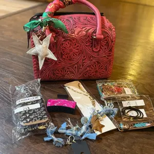 Pink Medium speedy BUNDLE with 3 fashion necklaces , cowhide clip, brush, key fobs and wild rag