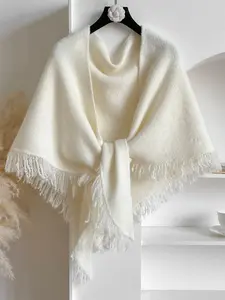 Elegant Solid Color Fringe Knit Shawl for Women, Autumn Winter Warm Versatile Outerwear, Casual Fitted Plain Design, Knitted Shawl