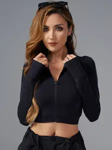 Women's Yoga Jacket Zipper Long Sleeve Slim Fit Stand Collar with Finger Covers, Fall Winter New Style Sportswear Top, Zip Front Jacket