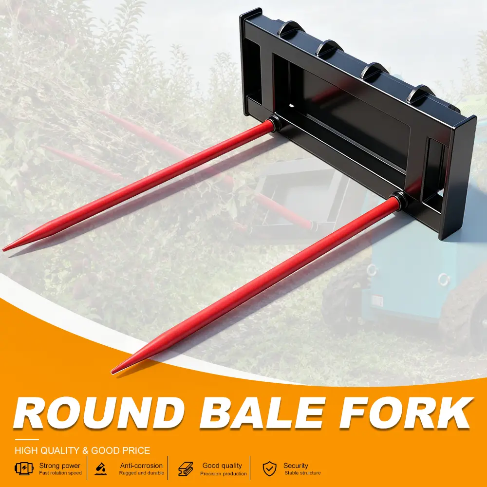 Hay Bale Spear Attachment for Mini Skid Steer Loader, Double Tine Hay Fork, Quick Attach Bale Spike for Farm Round Bale Handling, Agricultural Loader Accessory
