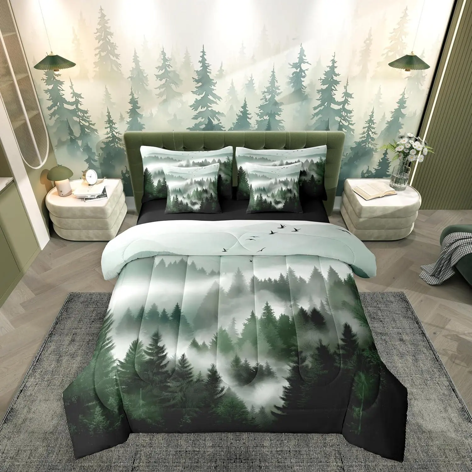 Feelyou 7-Piece Microfiber Decorative Soft Bedding Set - Ultra-Soft Misty Tree Print Mountain Landscape, Machine Washable, Multi-Size Options, Includes Comforter, Sheet Set and Pillowcases, Decorative Bedding Set, Microfiber Bedding Set