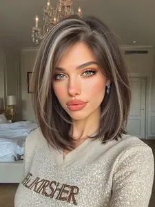 Topshe Lace Wig Highlight Straight Wig 12 Inches Shoulder Length Ombre Straight Hair, Daily Use, Holidays, Parties, Christmas