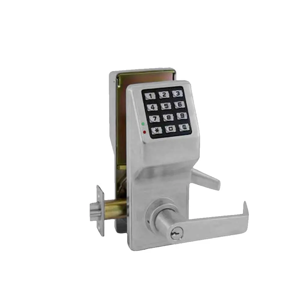DL5300-US26D Electronic Door Lock - Double-Sided Trilogy Push Button Cylindrical Lock, 1-PIN-Code Access, Weatherproof, Straight Lever, Satin Chrome Finish