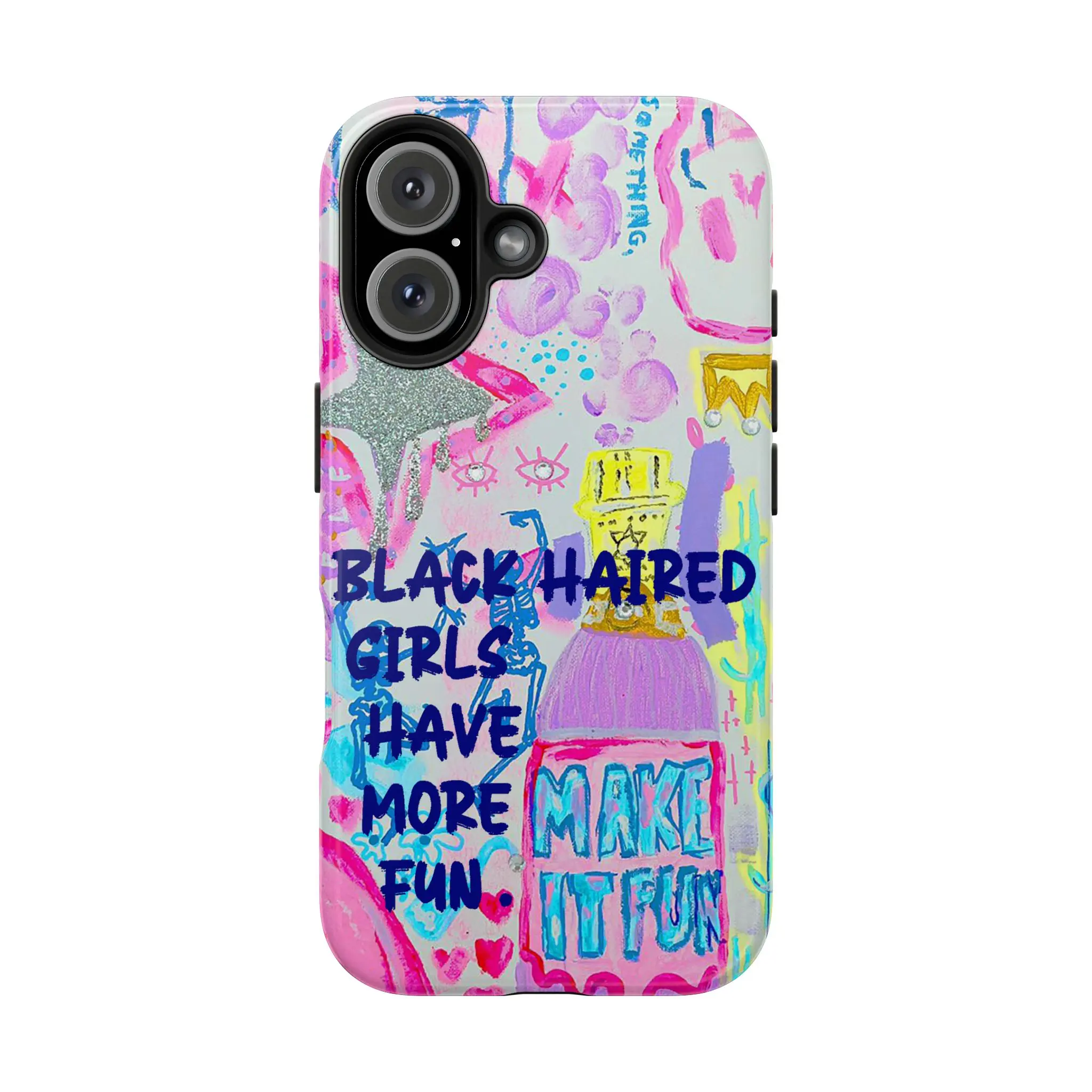 Magsafe iPhone Case Glittercutie Black Haired Girls Have More Fun Phone Case Make It Fun Pink Collage Summer Colorful School Girls Phone Cases Phone Cover Hard Case Tough 2-piece Magnetic Phone Case