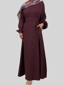 Women's Solid Color Tie Waist Abaya Dress, Modest Long Sleeve Round Neck Dress for Daily Wear, Modesty Ladies Islamic Clothing for All Seasons, Muslim Women Gowns