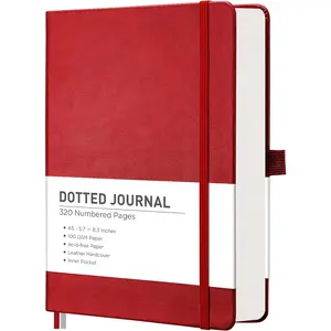 Dotted Journal Notebook, 320 Numbered Pages, A5 Medium Size (5.7'' x 8.3''), Leather Hardcover, 100 GSM Thick Paper, for Journaling, Planning,  (Red)