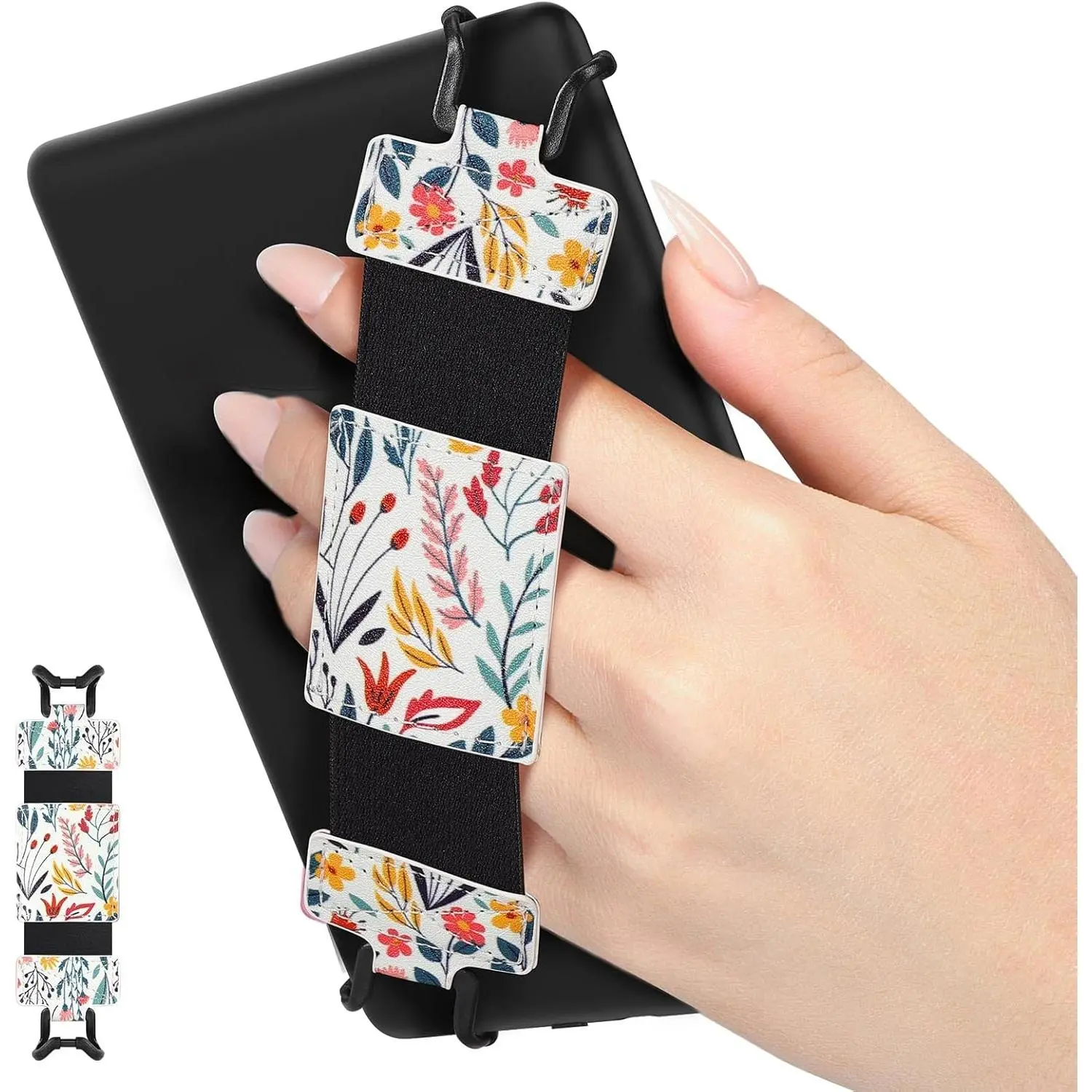 X-CPS14  Soft Hand Strap for 6-8" Kindle eReaders Fire Tablet Kindle/Kobo/Voyaga/Lenovo/Sony Kindle E-Book Tablet, Black High-Elasticity Versatile Hand Strap Lightweight Finger Grip Holder, Flowers
