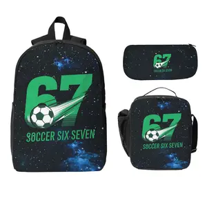 The '67' three-piece printed backpack set is suitable for both men and women. The overall design features the number "67" and a soccer ball pattern, making it an ideal choice for school or outdoor activities.