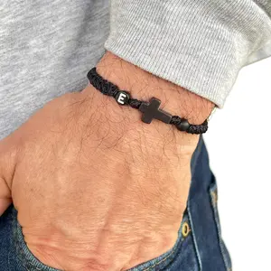 Cross bracelet men, Initial bracelet, Christian religious catholic protection, black cord beads, Christmas gift for him, boyfriend father