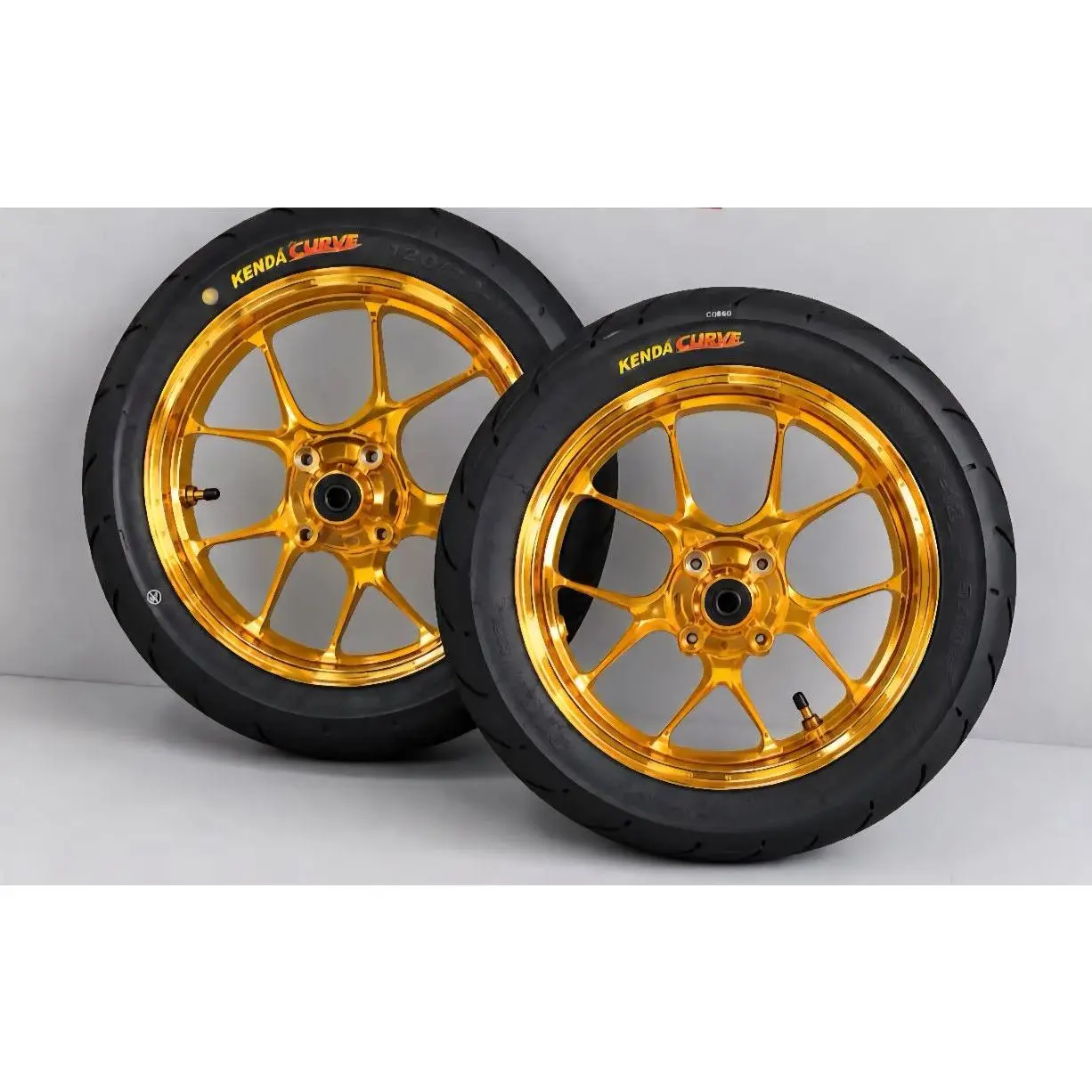 14-Inch Gold CNC Crafted Metal Super Moto Wheels and Tires Set Pack, Featuring Kenda Curve for Performance Ride Enhancement and Styling