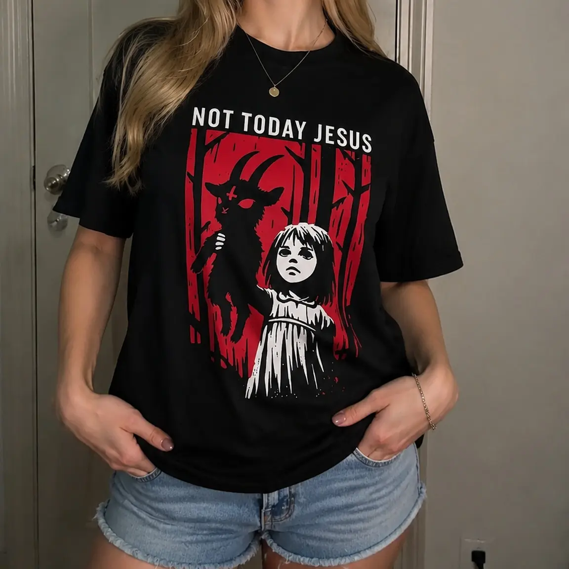 Womenswear Women's Gothic Unisex Graphic T-Shirt - "Not Today Jesus" Baphomet Goat Design