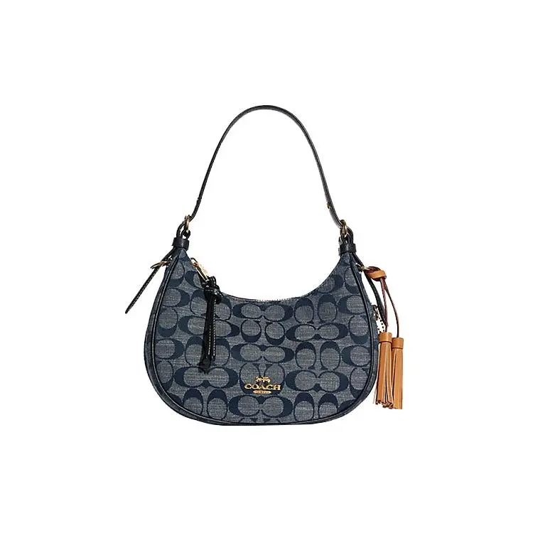 COACH Kleo 21 Classic Monogram Caramel Suede Fringe Decorated Fabric and Sliced Leather Half-Moon Bag for Women, Denim Blue