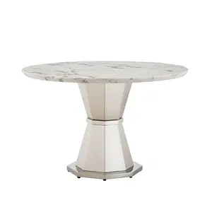 47" Round Marble Dining Table, Modern Kitchen Table with High Gloss Faux Marble Tabletop and Stainless Steel Base for Dining Room, Kitchen (Sliver,White)