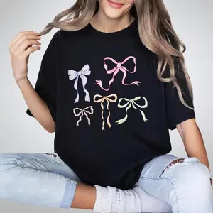 Girl's Bow Cherry Graphic Tees Short Sleeve Crewneck Cute T Shirts Tops for Teens Summer Tops Cute Bow Tshirt Round Neck Tee